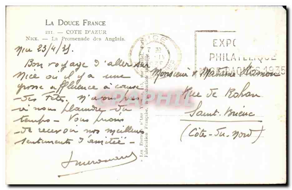 CPA La Douce France Cote d'Azur Nice La Promenade Des Anglais — Verso