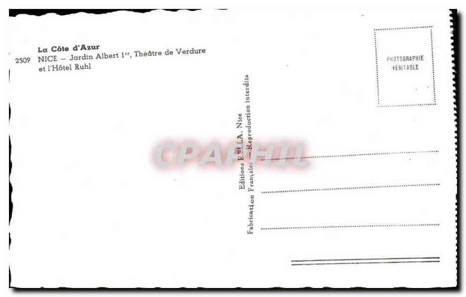 CPA La Cote D'Azur Nice Jardin Le theatre De Verdure Et l'Hotel Ruhl — Verso