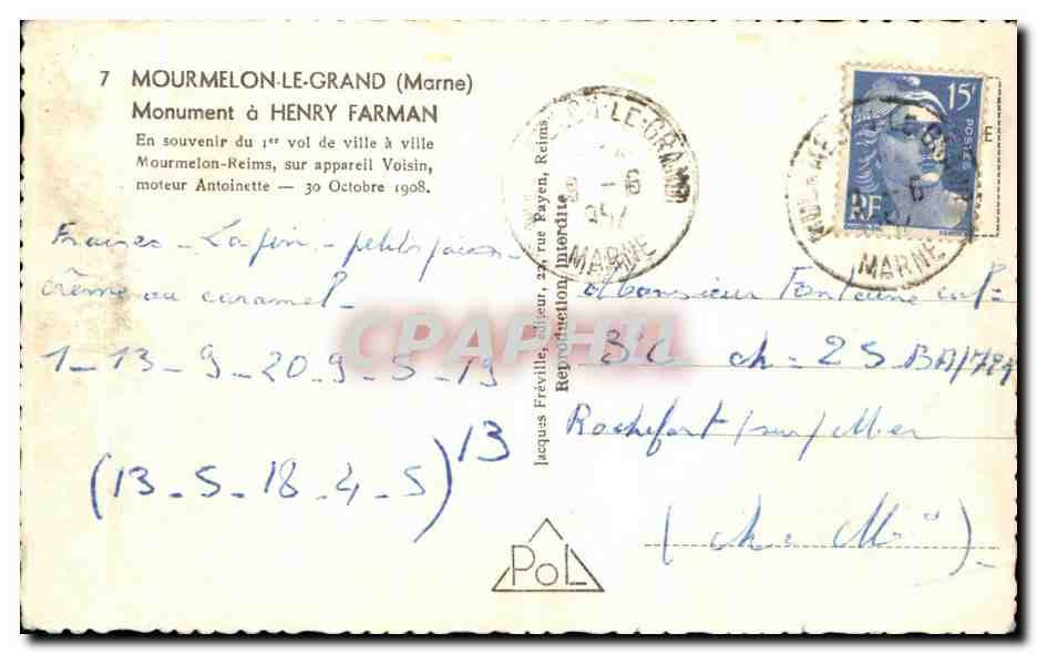 CPA Mourmelon le Grand Monument a Henry Farman Aviation Aviateur — Back