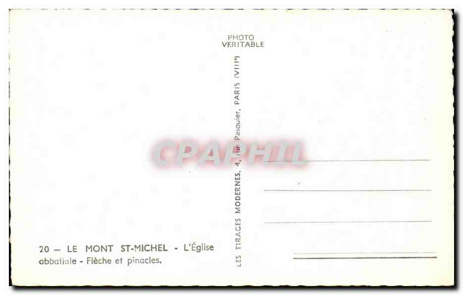 Le Mont Saint-Michel — Abbatiale, flèche et pinacles — Les Tirages Modernes, Paris — Rückseite