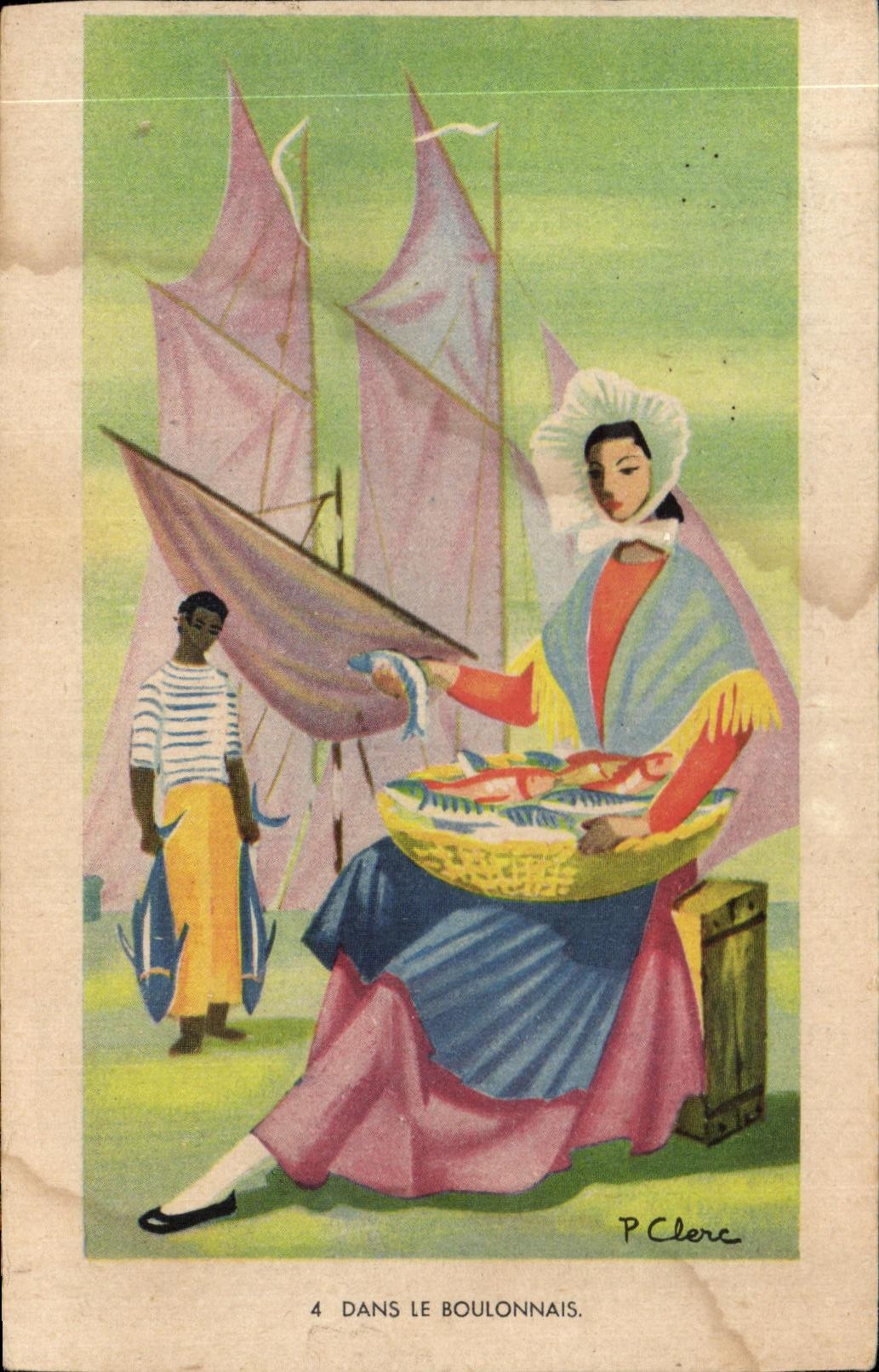 CPA Dans Le Boulonnais Femme Peche Bateau Poissons 