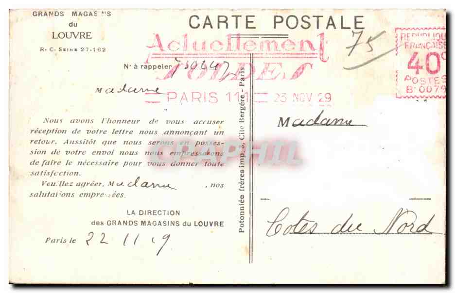 CPA Paris Vue des Grands Magasins Du Louvre — Verso