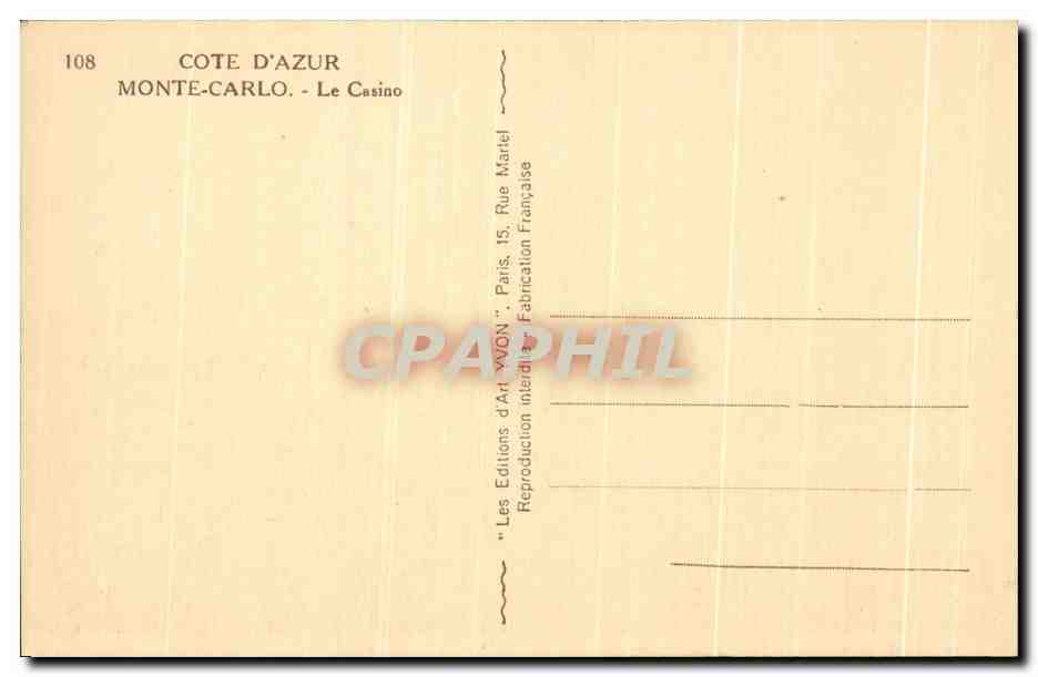 CPA Cote D'Azur Monte Carlo Le Casino Yvon  — Rückseite
