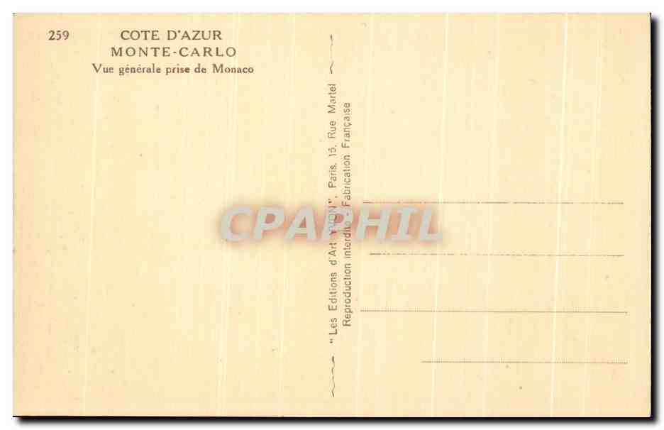 CPA Cote D'Azur Monte Carlo Vue Generale Prise De Monaco — Rückseite