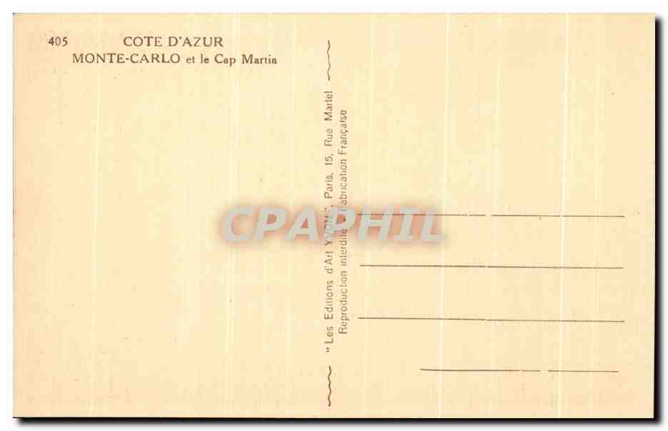CPA Cote D'Azur Monte Carlo Et Le cap Martin — Verso