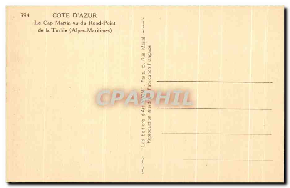 Le Cap Martin vu du Rond-Point de la Turbie (Alpes-Maritimes) — Éditions d'Art Avon, n°394 — Reverso