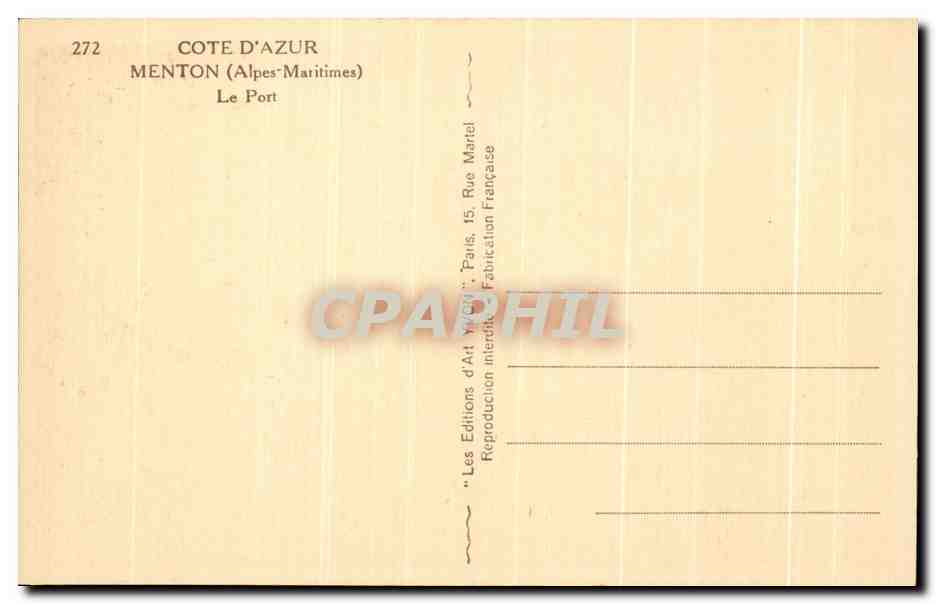 CPA Cote D'Azur Menton Le Port Pecheurs Yvon  — Rückseite