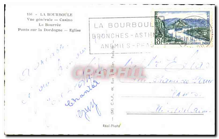 La Bourboule — Vue générale, Casino, Ponts sur la Dordogne, Église — Réal-Photo — Rückseite