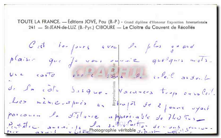 Le Cloître du Couvent de Récollés — St-Jean-de-Luz (B.-Pyr.) — Éditions JOVÉ — Reverso