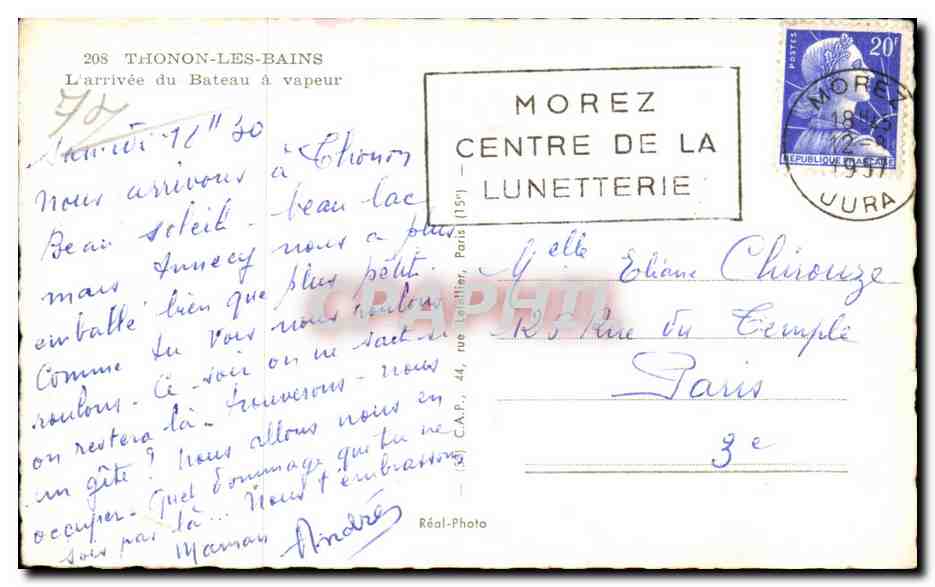 CPA Thonon Les Bains l'arrivee du Bateau a vapeur — Verso