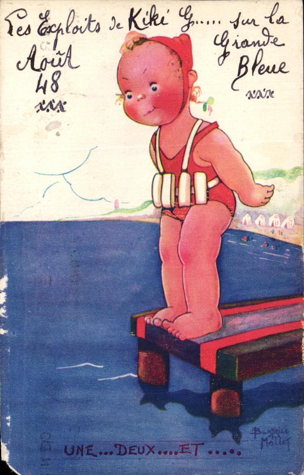 CPA Une Deux Et Enfant Plongeoir Piscine