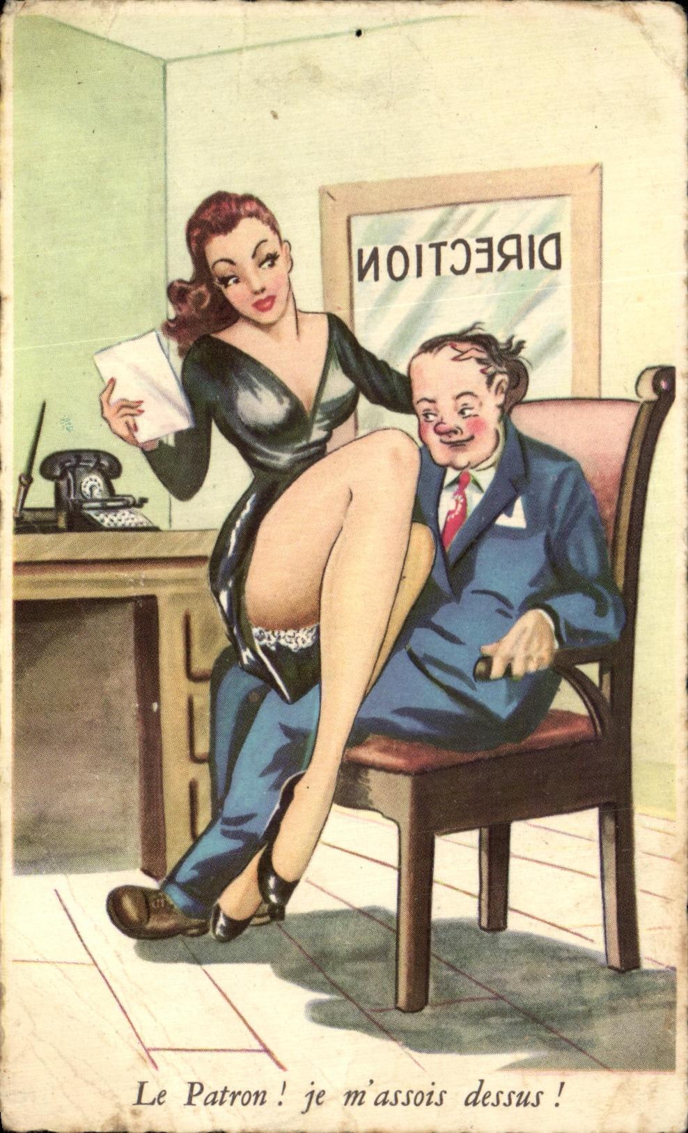 CPA Le Patron Je m'assois dessus Humour Femme