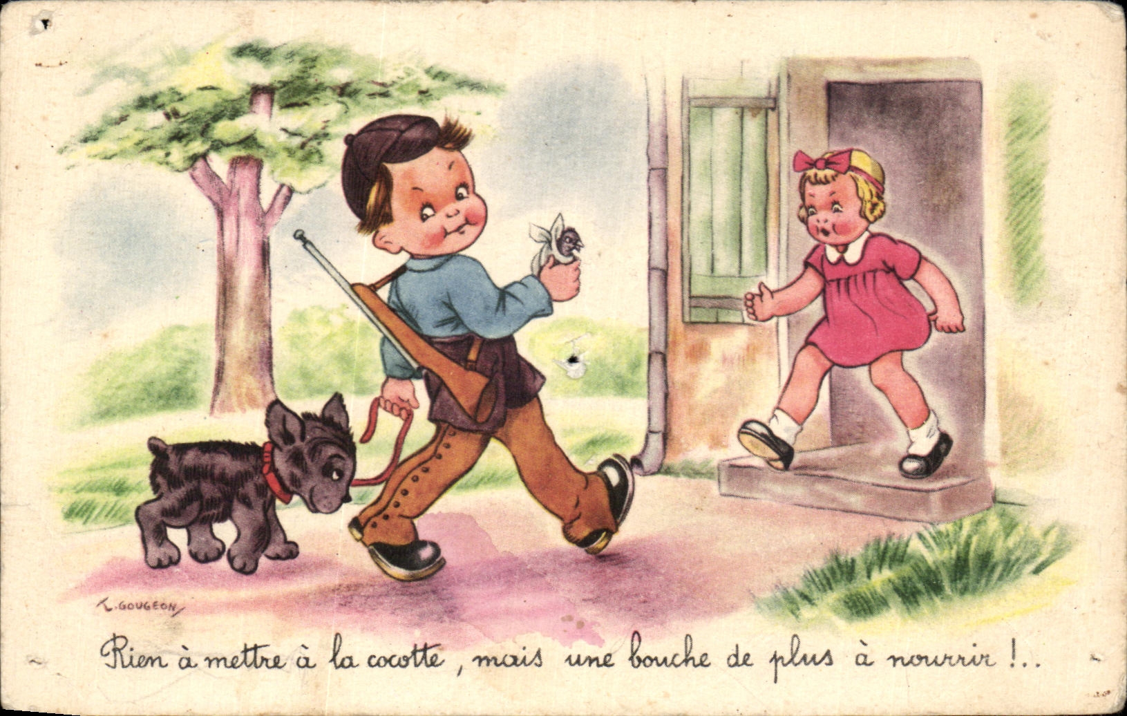 Vintage Postcard Nothing to put in the pot but another mouth to feed Dog Child Hunt Hunter Rifle