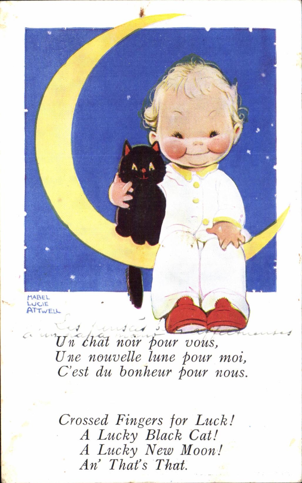 CPA Un chat noir pour vous Une nouvelle lune pour moi Cest du bonheur pour nous Chat 