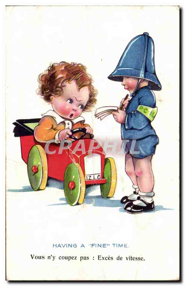 Enfant en voiture jouet — Contrôle de vitesse par un policier — éditeur non visible