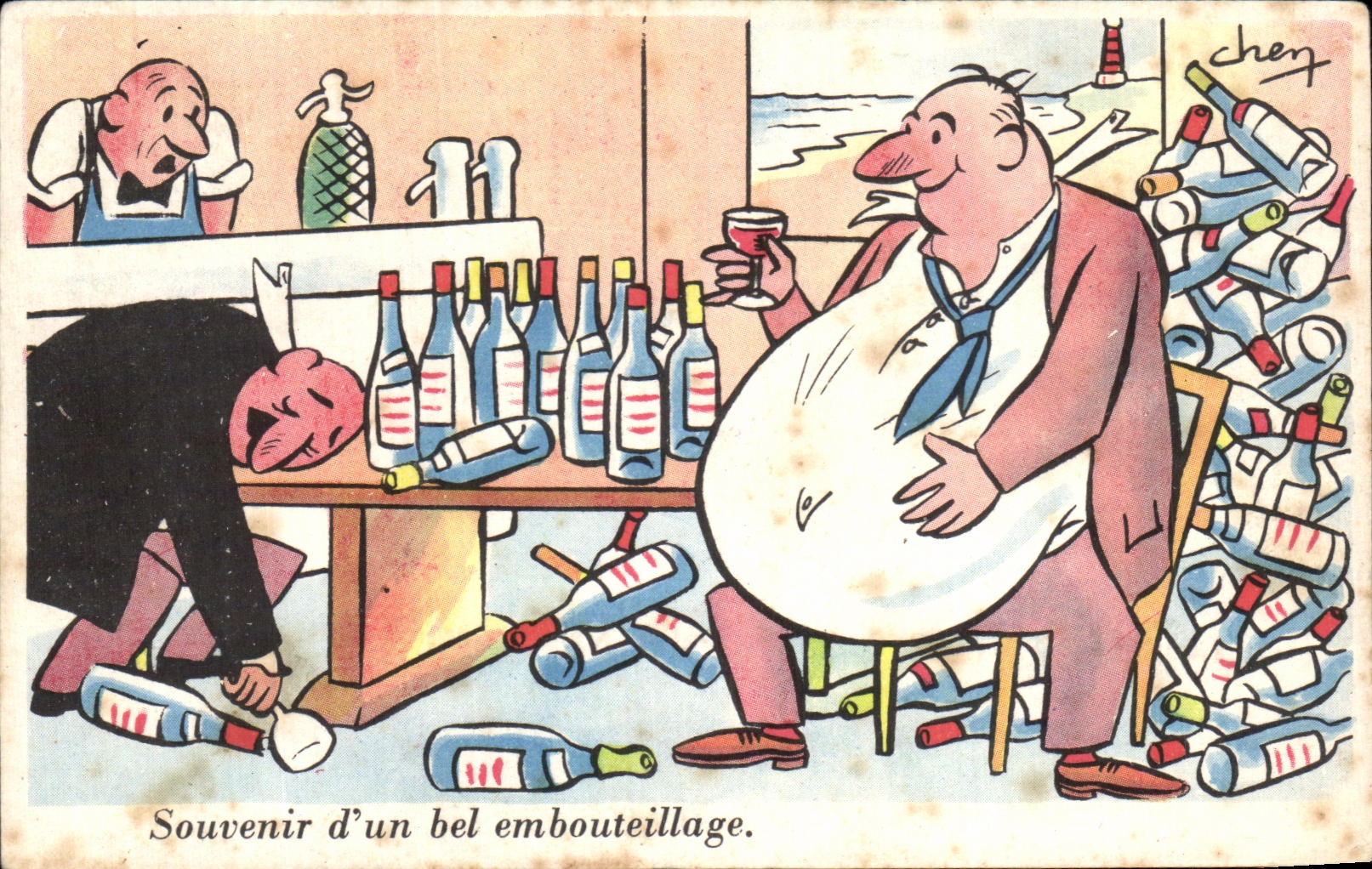 CPA Souvenir d un bel embouteillage Humour Alcool Chen 