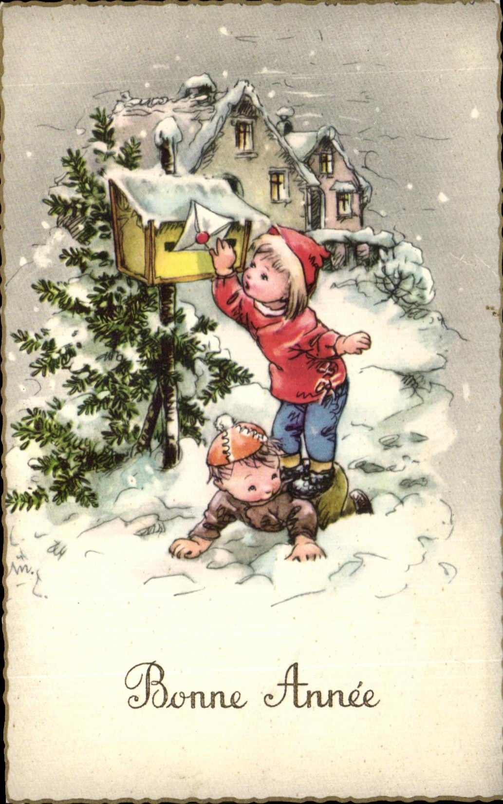 CPA Bonne Annee Enfants dans la neige 