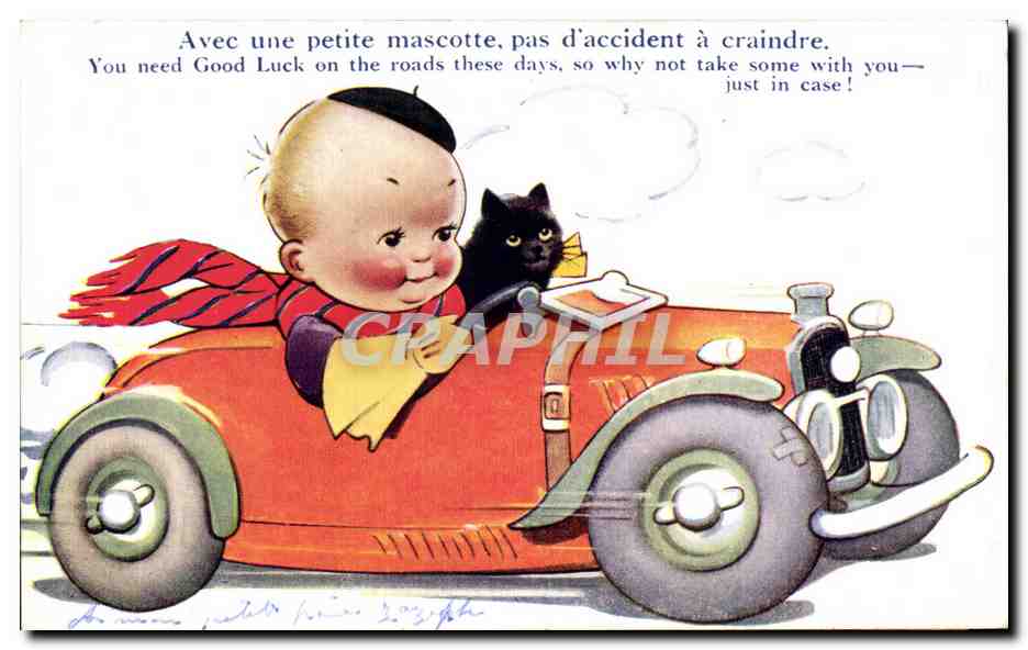 Bébé et chat noir dans une voiture — éditeur imprimeur en Angleterre, n° K 555