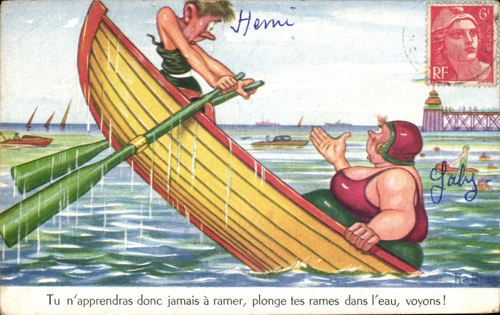CPA Tu n'apprendras donc jamais a ramer plonge tes rames dans l'eau voyons Femme forte