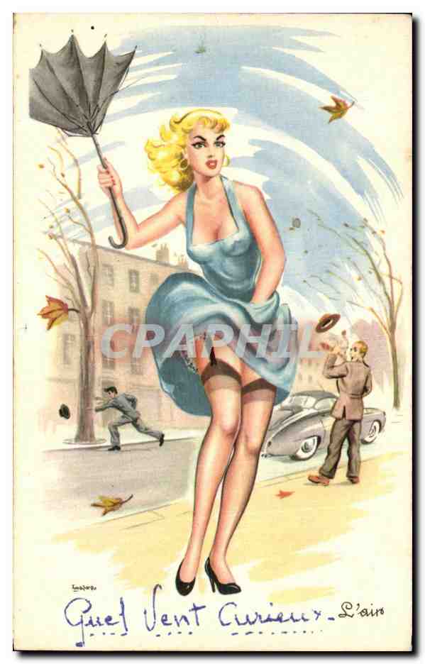 CPA Fantaisie Femme Quel vent curieux Pin up
