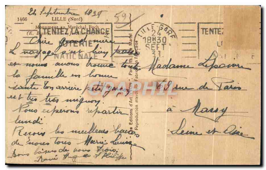 CPA Lille Monument au Marechal Foch Militaria  — Rückseite