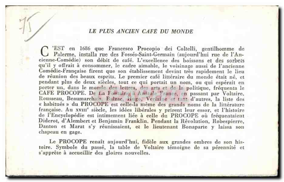 CPA Le Plus Ancien Cafe Du Monde Paris Procope Rue de l'ancienne Comedie Voltaire Danton  — Rückseite