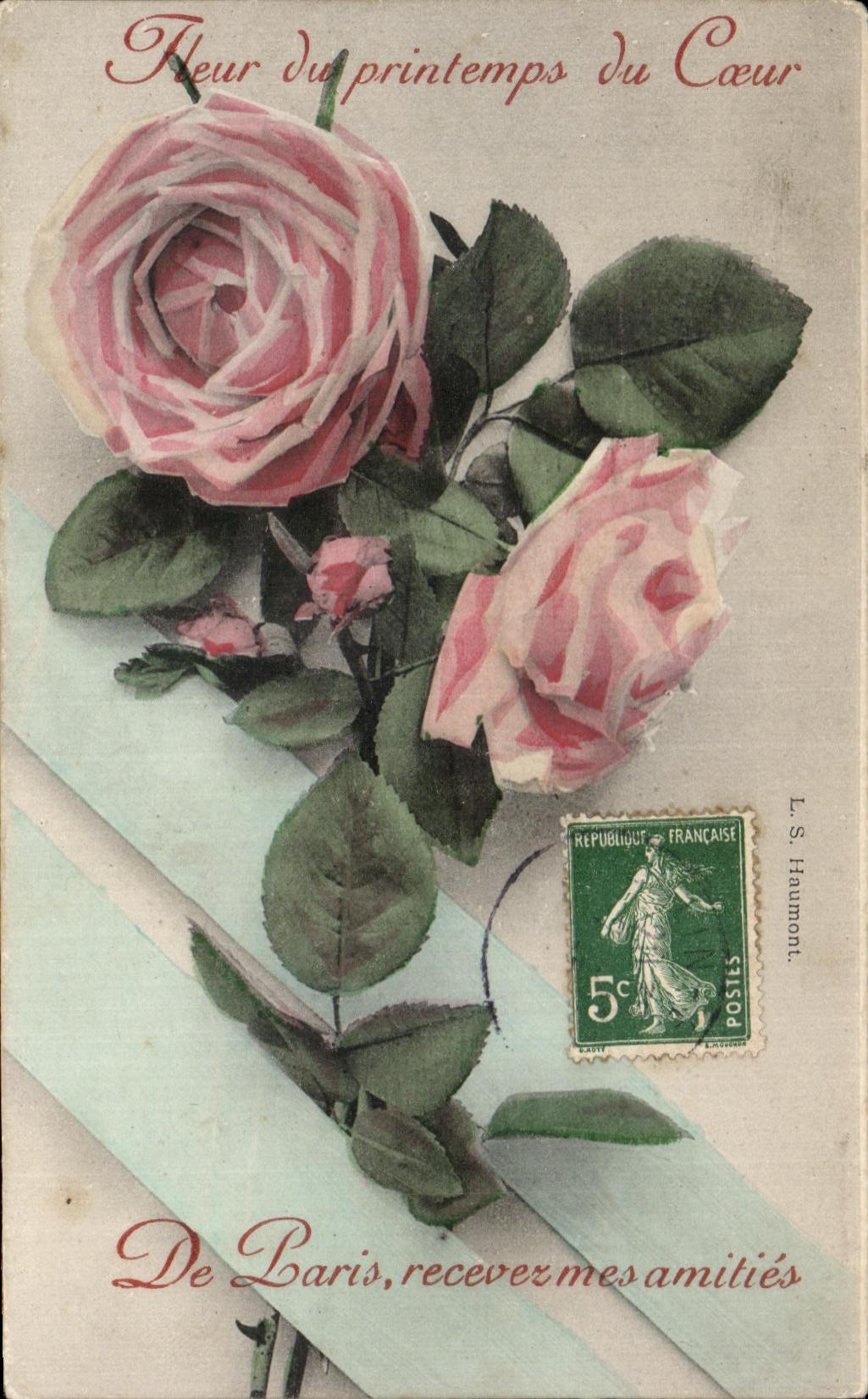 CPA Fleur du printemps du Coeur De Paris recevez mes amities Roses