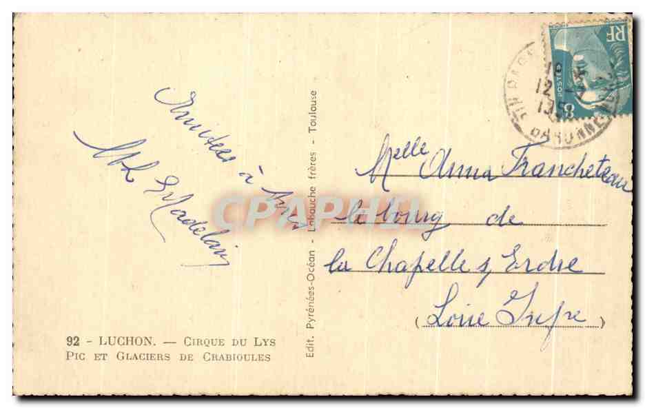 Pic et Glaciers de Chabrioules — Luchon — Cirque du Lys — Éditeur : Lénauche frères — N° 92 — Back