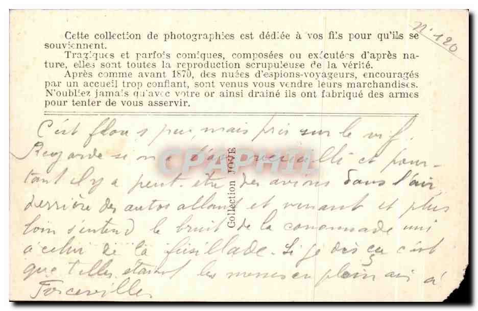 La messe du Dimanche près de la ligne de feu à CHENAY — Guerre 1914 (Septembre) — Phot. Lieutenant Depasse — Verso