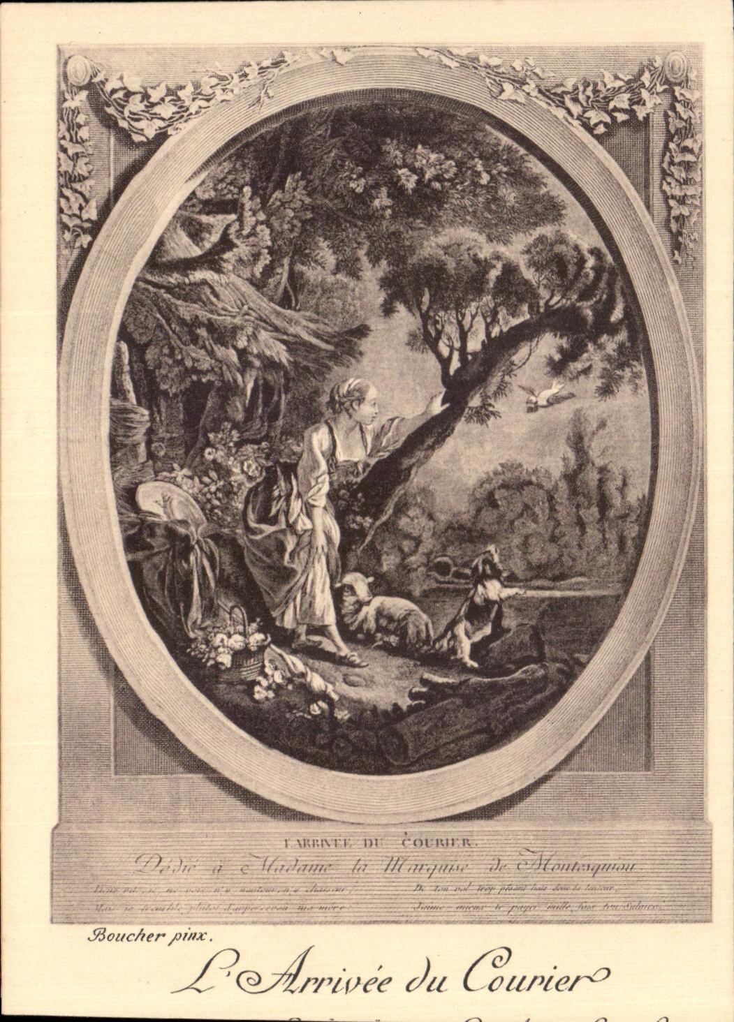 L'Arrivée du Courrier — gravure de Boucher — dédicacée à Madame la Marquise de Montesquou