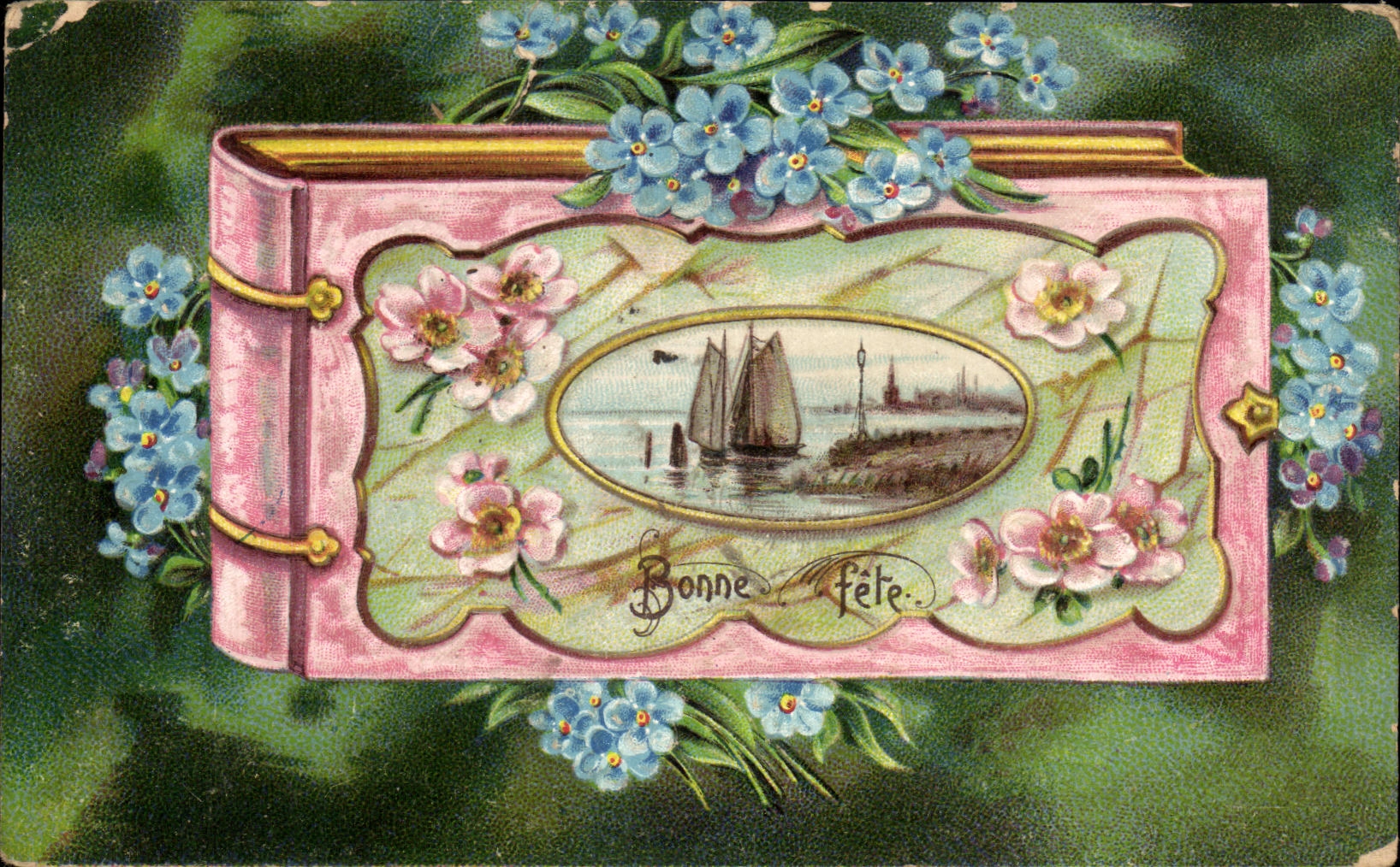 CPA Fantaisie Fleurs Bateau Livre