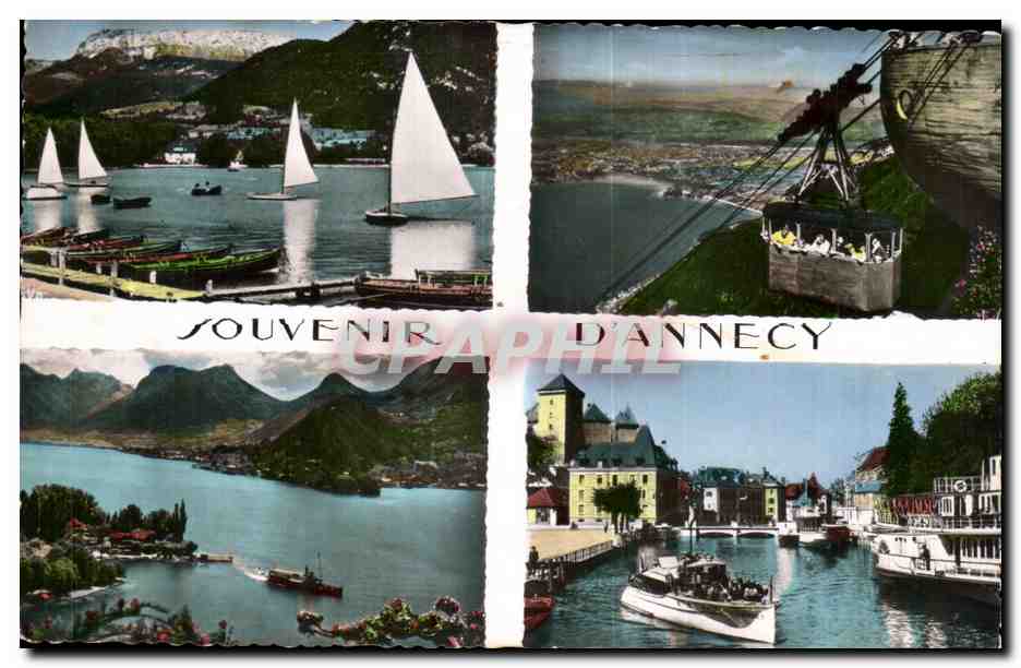 Annecy — Vue panoramique avec lac, voiliers, téléphérique et ville — Souvenir d'Annecy, Éditions Raynal