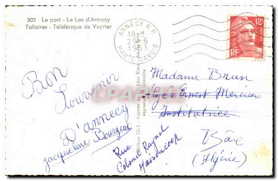 Annecy — Vue panoramique avec lac, voiliers, téléphérique et ville — Souvenir d'Annecy, Éditions Raynal — Rückseite