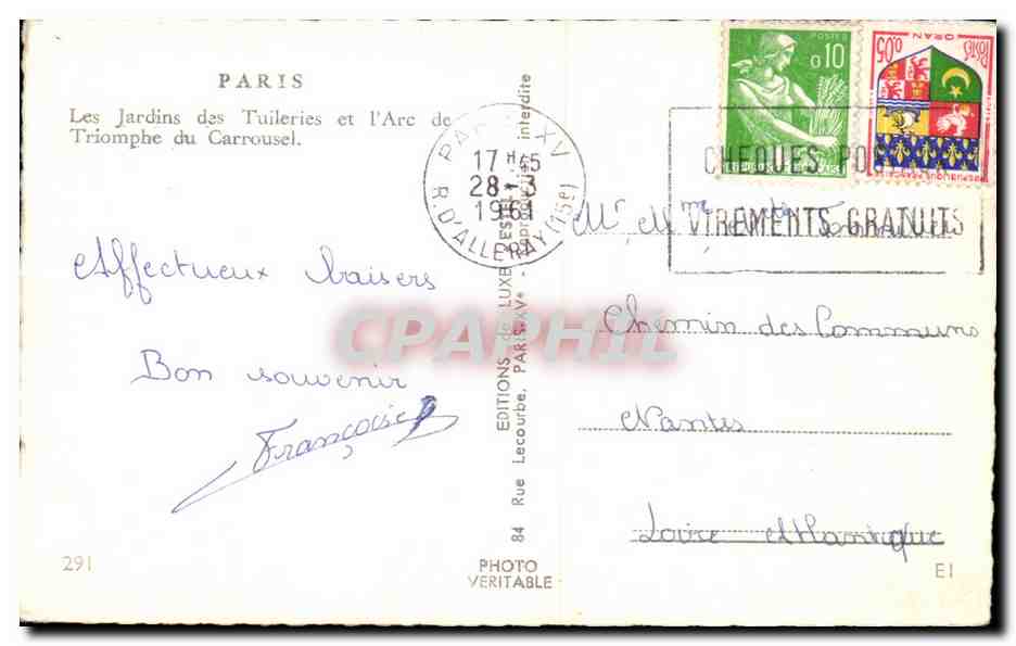 CPA Paris Les Jardins des Tuileries et l'arc de Triomphe du Carrousel — Rückseite