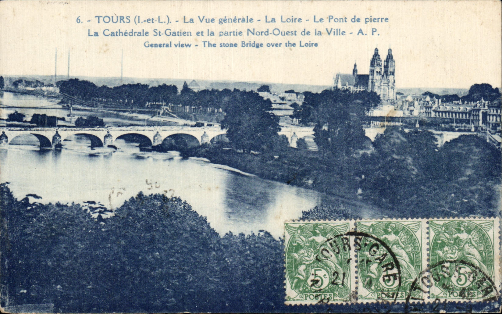 CPA Tours La Vue generale La Loire Le Pont de pierre La Cathedrale St Gatien et la Paritie