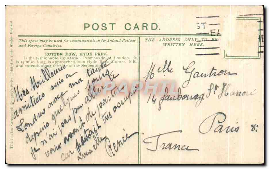 CPA London Rotten Row Hippisme Equitation Cheval  — Verso