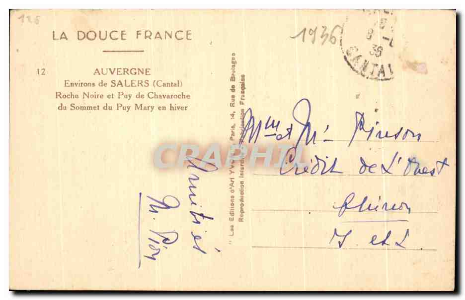 Roche Noire et Puy Mary en hiver — Auvergne (Cantal) — Les Éditions d'Art Yv'or, n°12 — Verso