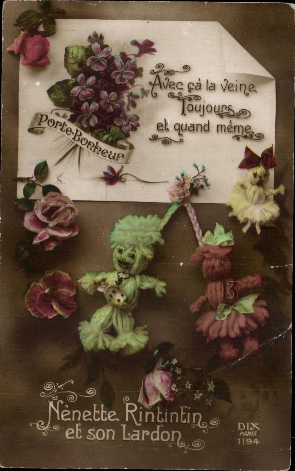 Nénette Rintintin et son Lardon — carte postale humoristique avec personnages en tissu et bouquet — éditée par DIX, Paris, n° 1194