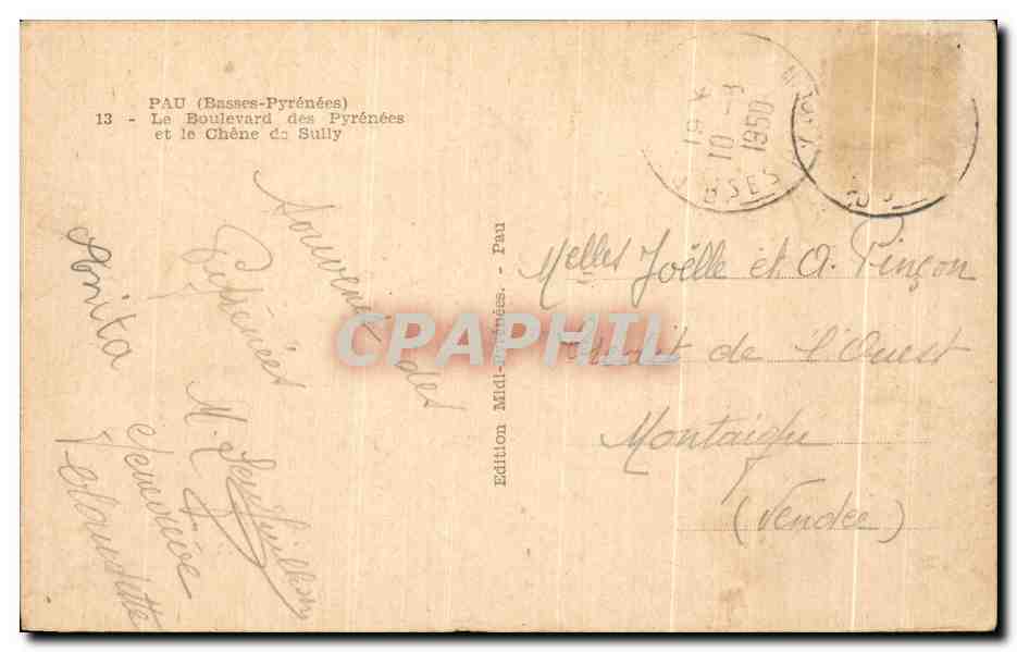 CPA Pau Le Boulevard des Pyrenees et le Chene de sully — Verso