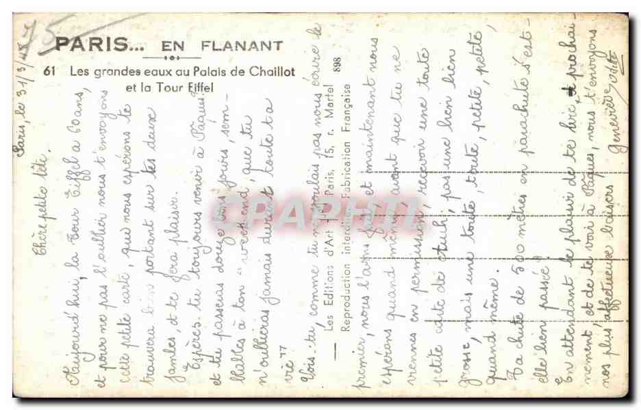 Eiffelturm — Palais de Chaillot — Éditions d'Art Français, n° 61 — Rückseite