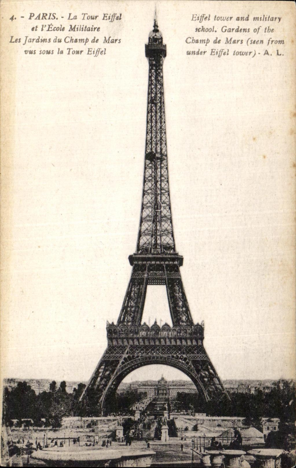 CPA Paris La Tour Eiffel et l'Ecole Militaire Les Jardins du Champ de Mars vue sous la Tour Eiffel