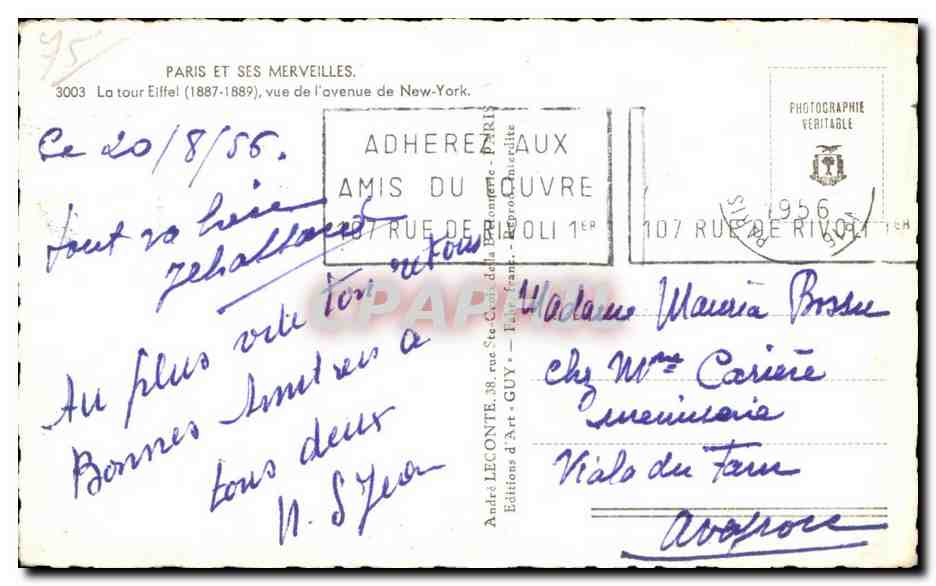 La tour Eiffel (1887-1889), vue de l'avenue de New-York — Éditions d'Art Guy, n° 3003 — Back