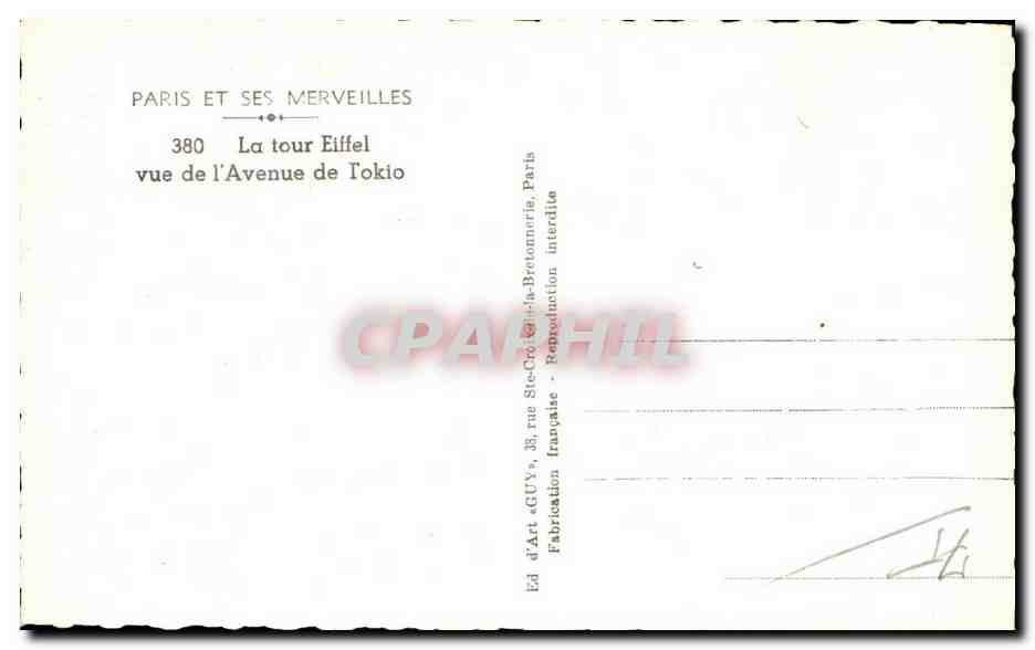 Paris und seine Wunder — Die Eiffelturm von der Avenue de l'Okio aus gesehen — Verlag GUY — Rückseite