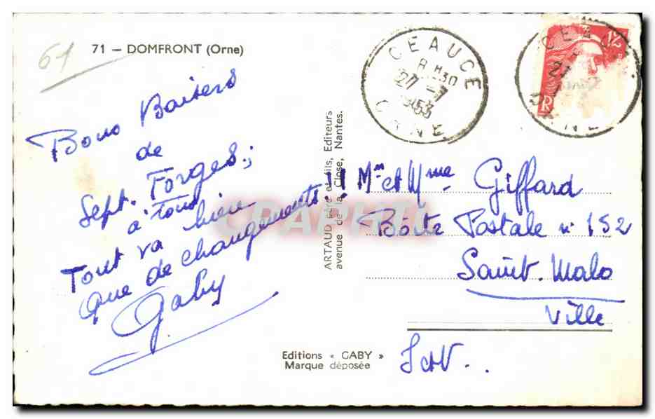 CPA Ville de Domfront Ville de Bonheur Arrive a Midi Complet a Une Heure — Rückseite