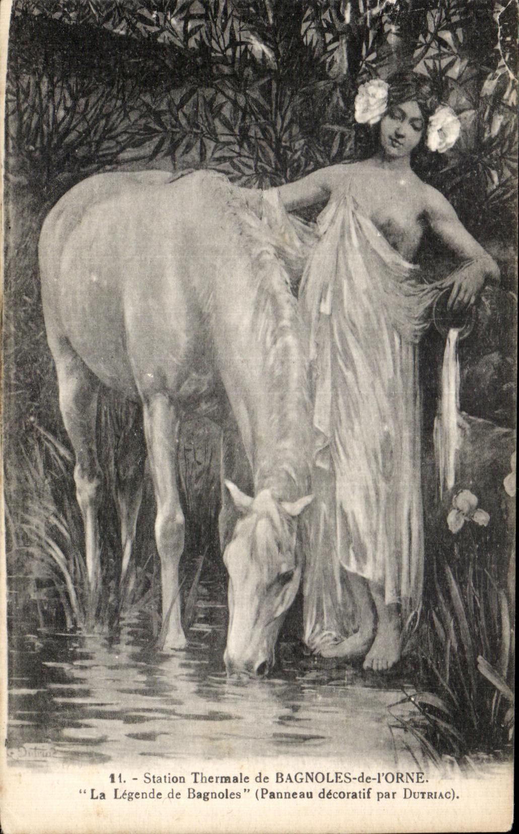 CPA Station Thermale de Bagnoles de I'Orne La Legende de Bagnoles Femme Cheval Dutriac