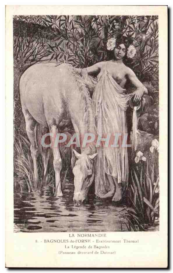 CPA Bagnoles de L'Orne Etablisement Thermal La Legende de Bagnoles Dutriac Cheval Femme Nue 