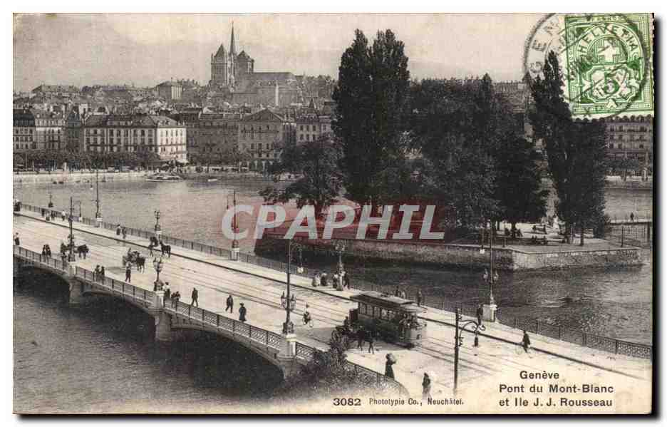 CPA Geneve Pont du Mont Blanc et lle j j Rousseau Tramway Suisse