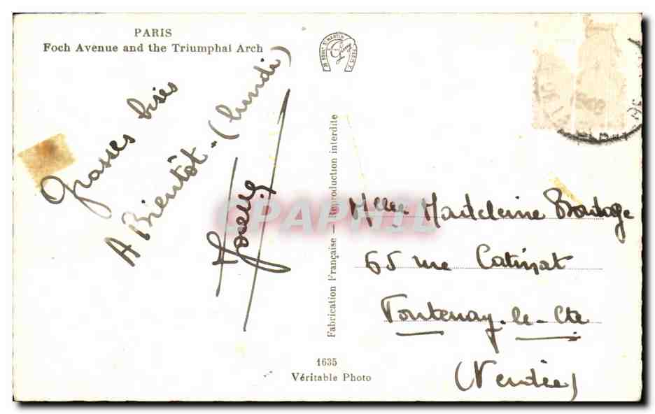 CPA Paris Avenue Foch et l'Arc de Triomphe — Rückseite