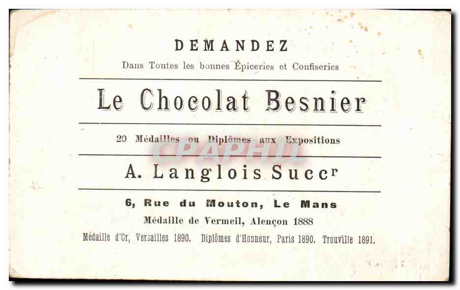 CPA Fantaisie Fleurs Roses oiseau Publicite Chocolat Besnier Langlois Rue du Mouton Le Mans Trafle Le Mans  — Rückseite