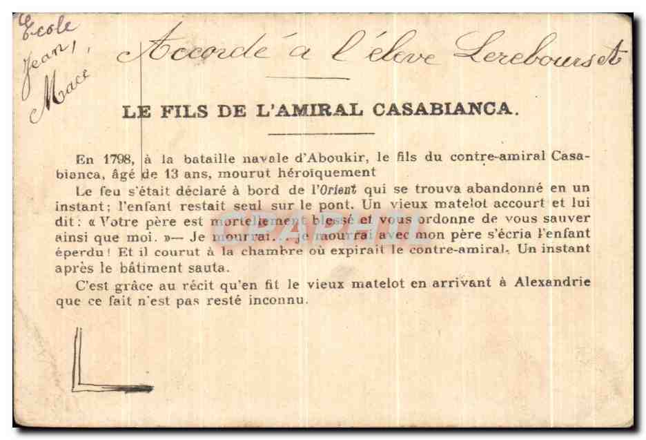 Chromo Le Fils De L'Amiral Casabianca Bataille navala d'aboukir  — Verso